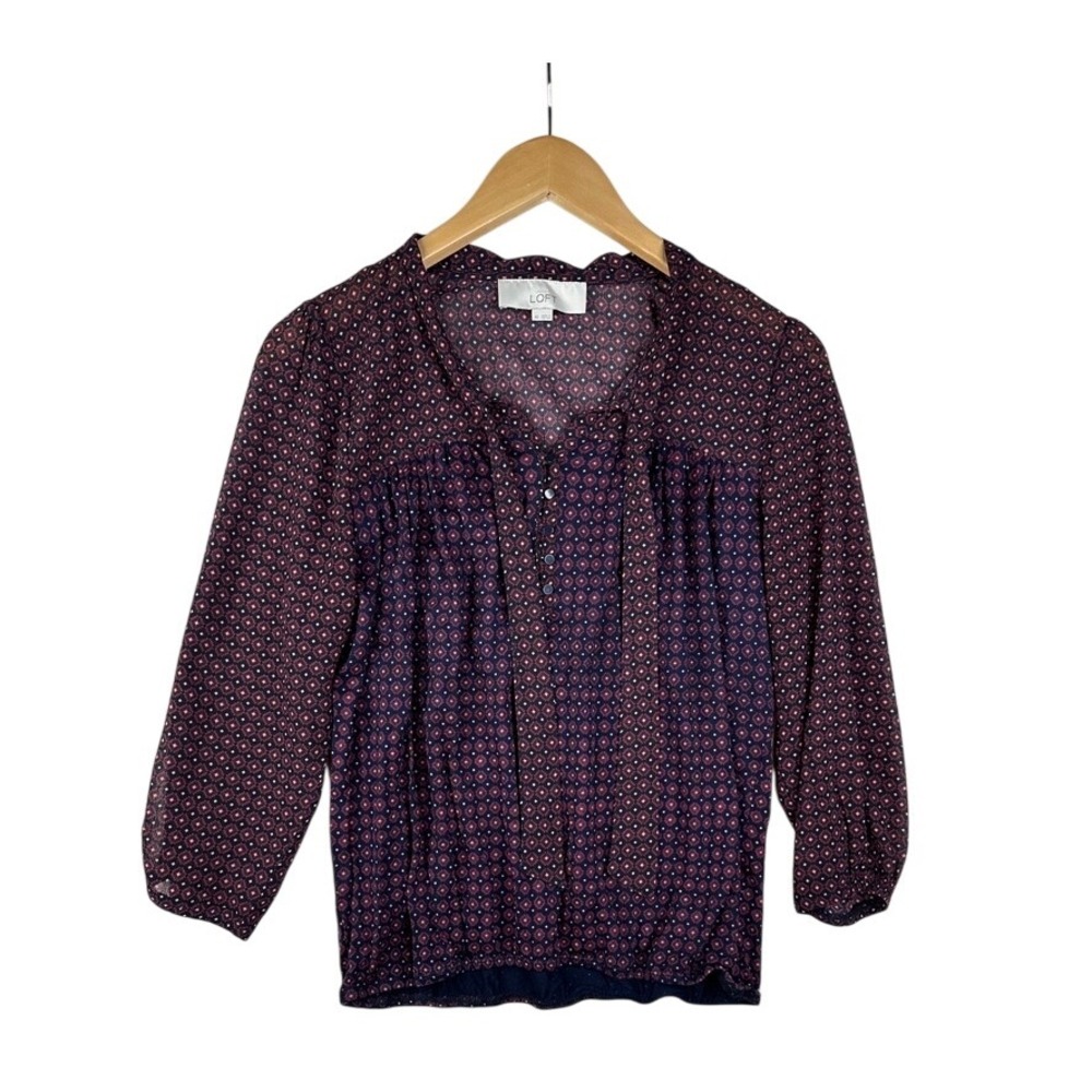 Loft Diamond Print Long Sleeve Blouse‎ size XS Black/Red